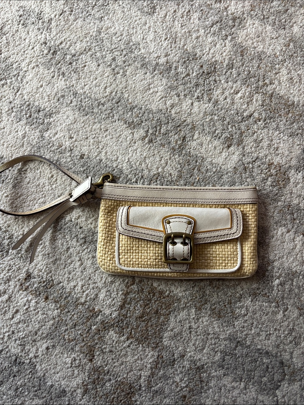 Coach Yellow Straw Wristlet with Cream Leather Trim